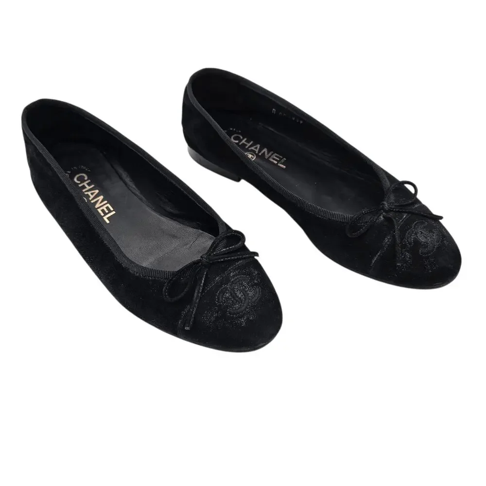 Chanel CC Cap Toe Ballet Ballerina Flat Slipper Black Suede Size 37.5 US 6.5 7 - Picture 3 of 11